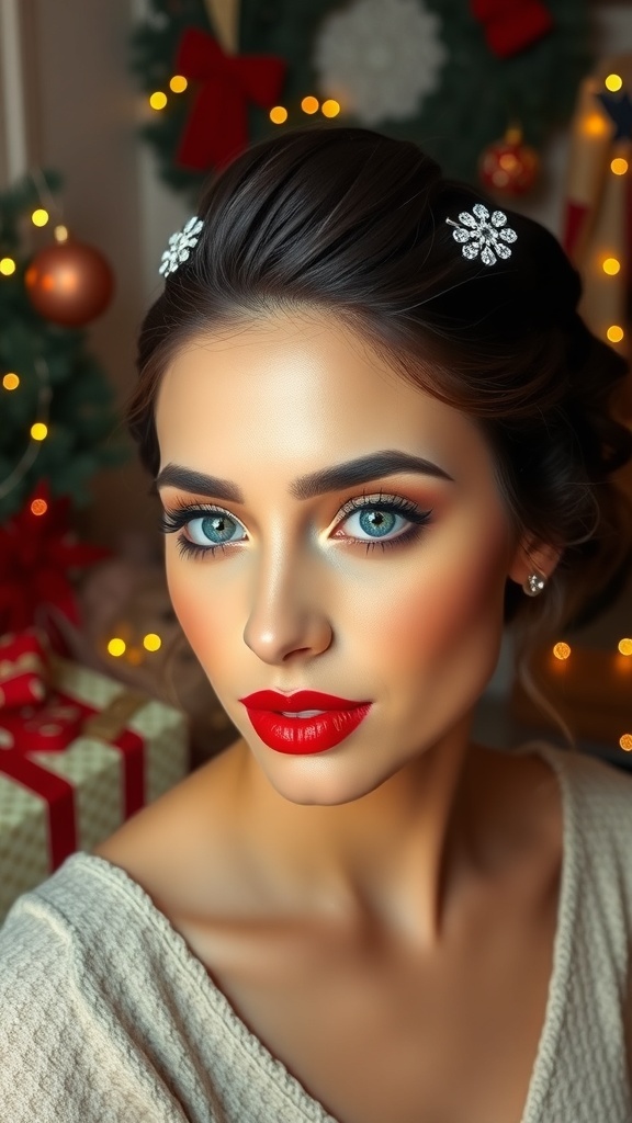 A model showcasing Christmas makeup with red lips and glittery eyes, styled in an elegant updo with festive hairpins.